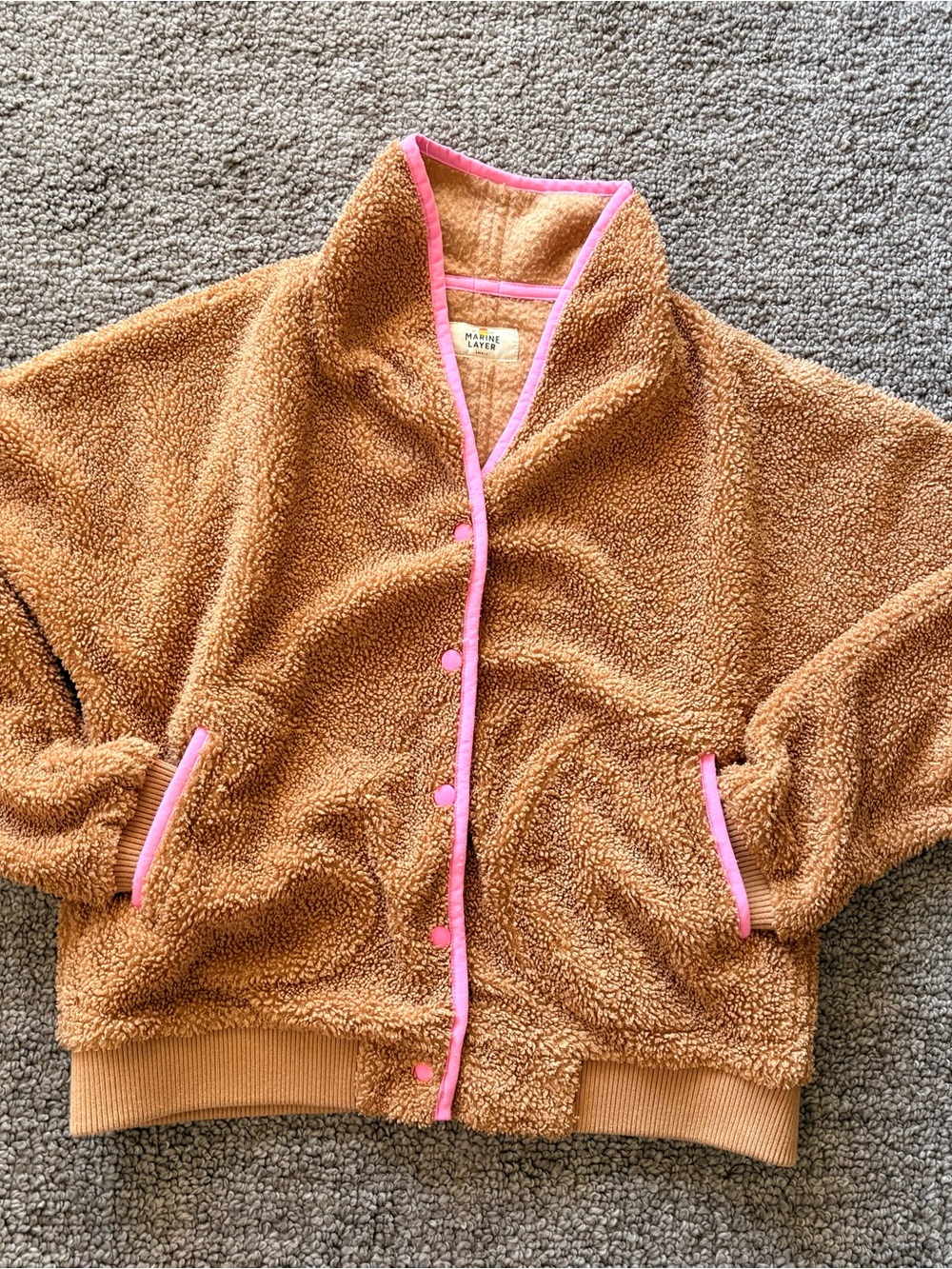 Marine Layer Sierra Sherpa Fleece Bomber Jacket Tan Camel Neon Pink Trim Small